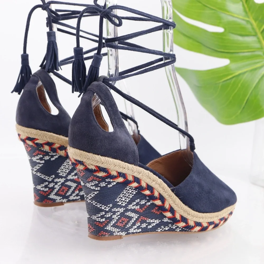 CAbi Womens Isla Sandals Size 8 Navy Suede Tie Ankle Wrap Espadrille Wedge Shoes